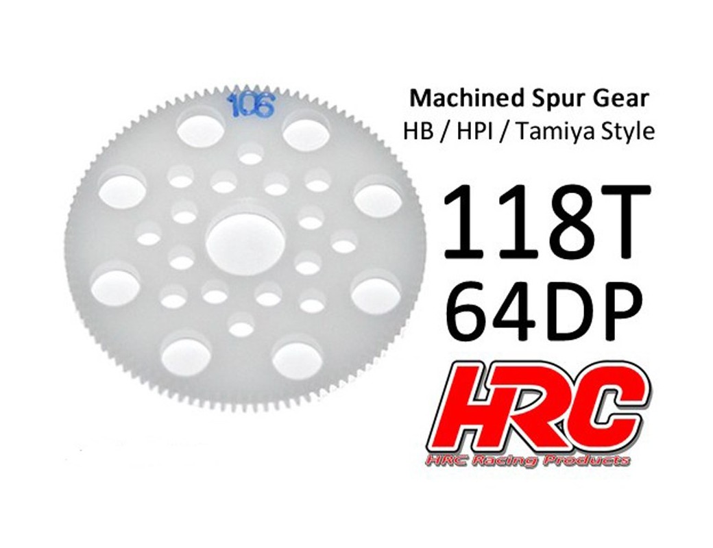 Corona Delrin 118T, Pitch 64dp para Coches Rc (HRC764118P). Spur Gear Low Friction HRC 764118P Piñones y Coronas RC