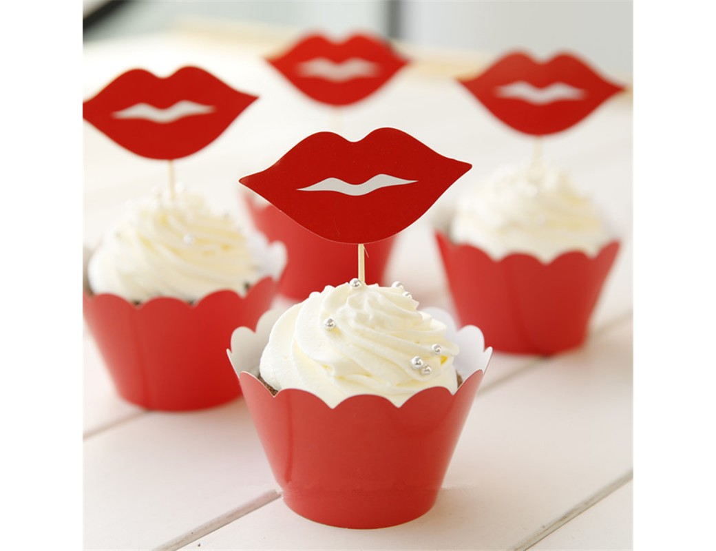Decoración pasteles, cupcakes toppers Labios Rojos 12 uds. Birthday party TOPPLABIOS Decoración Fiestas